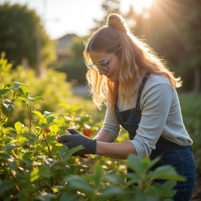 Blonde woman harvesting tomatoes in garden