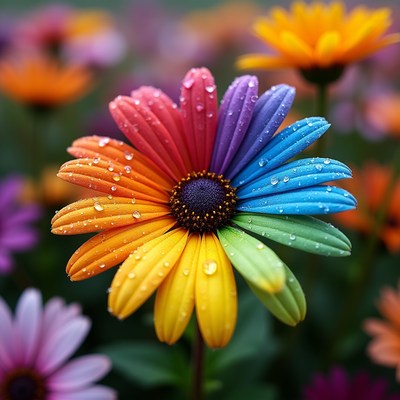 Rainbow Daisy Flower with Dew Drops