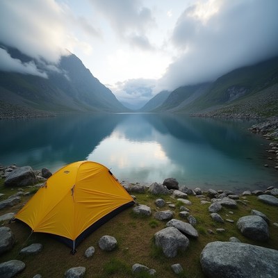 Yellow tent by turquoise mountain lake