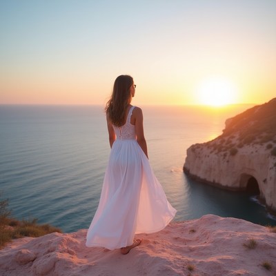 Woman in white dress at sunset cliff