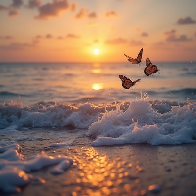 Monarch Butterflies Flying Over Sunset Beach
