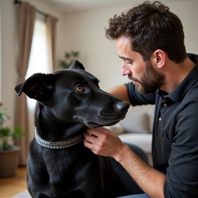 Man petting black labrador