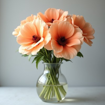 Peach Poppy Flowers in Glass Vase