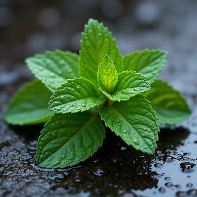 Fresh Mint Leaves with Water Droplets