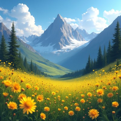 Yellow Flower Field in Snowy Mountains