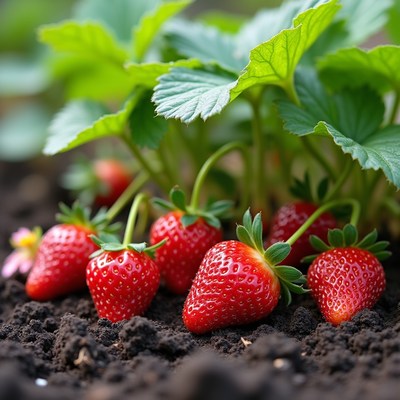 Fresh strawberries growing in soil