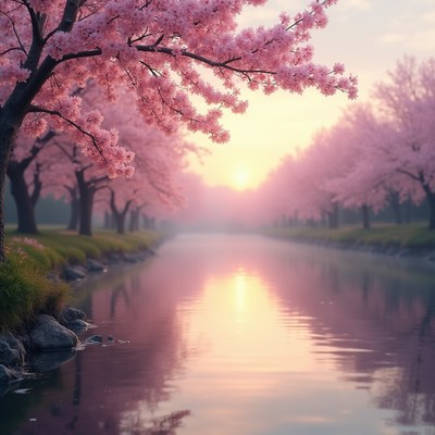 Cherry Blossom Trees Along River Sunset