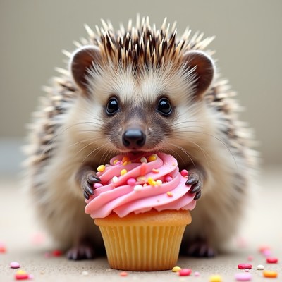 Hedgehog eating pink cupcake