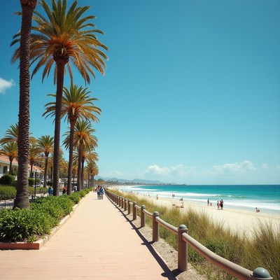 Palm-lined beach promenade with ocean
