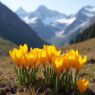 Yellow crocuses with snowy mountains