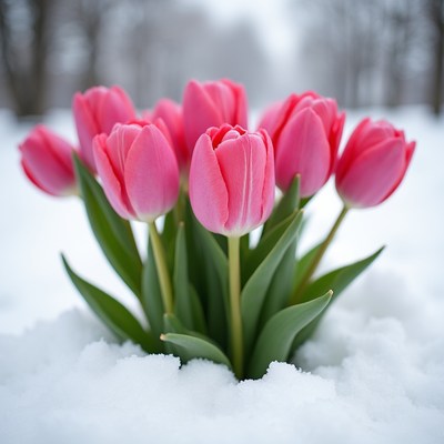 Pink tulips in snow