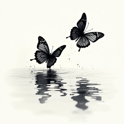 Two Black Butterflies on Water Reflection