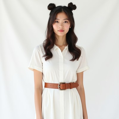 Asian woman in white shirt dress with buns