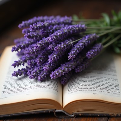 Lavender bouquet on open book