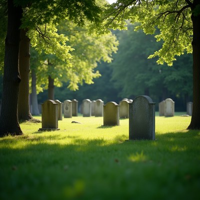 Cemetery with gravestones under green trees