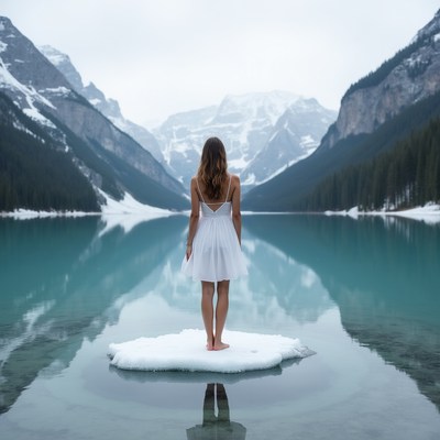 Woman standing on ice floe in Moraine Lake
