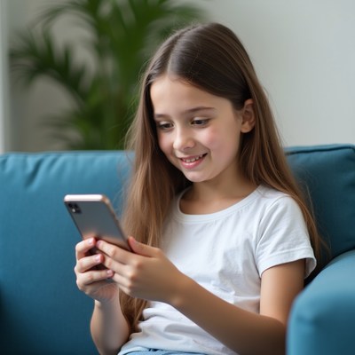 Girl using smartphone on sofa