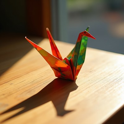 Colorful origami crane on wooden table