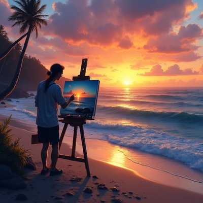 Artist painting sunset on beach