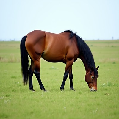 Bay horse grazing in green field