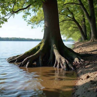 Tree roots by lake shore