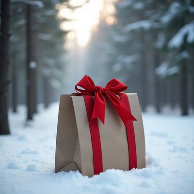 Gift bag with red bow in snowy forest