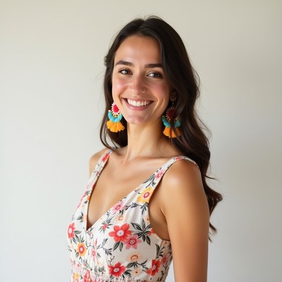Smiling woman with tassel earrings