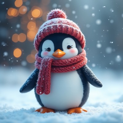 Cute Penguin in Red Hat and Scarf
