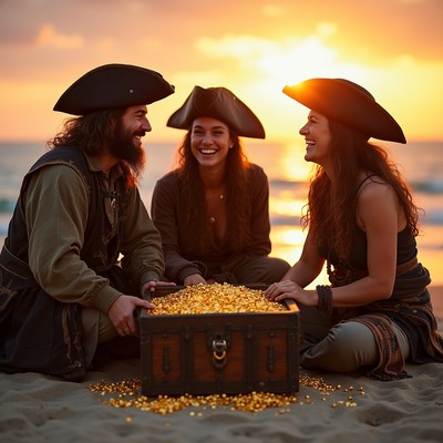 Pirates with treasure chest on beach