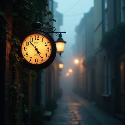 Vintage Clock on Foggy Alley Street