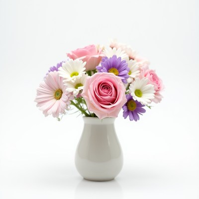 Pink Roses Daisies in White Vase