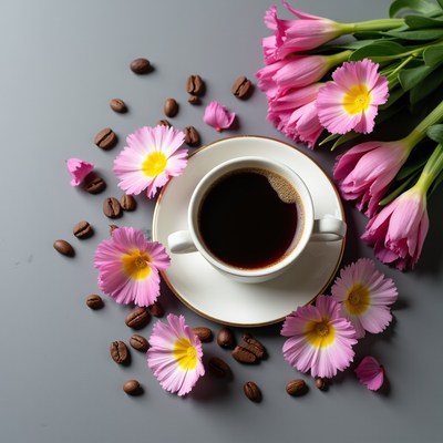 Coffee Cup with Pink Tulips