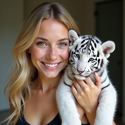 Woman holding white tiger cub