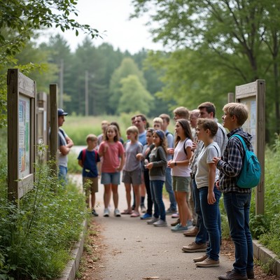 Group viewing nature trail signs