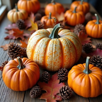 Pumpkins and Fall Leaves on Wooden Table