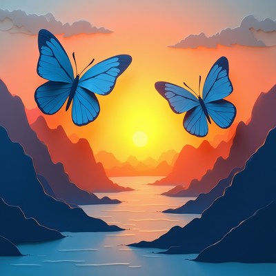 Blue Butterflies Flying Over Sunset Mountains