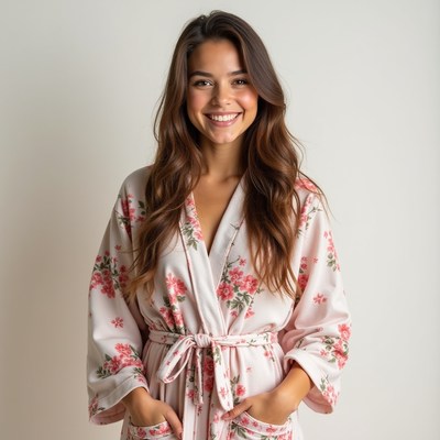 Smiling woman in pink floral robe