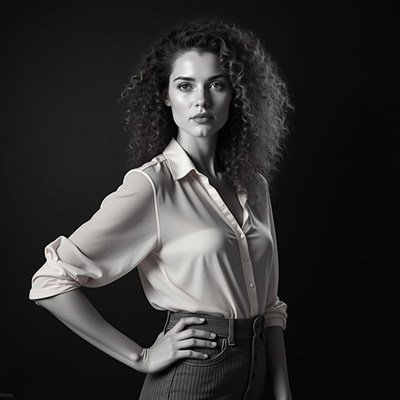 Woman with curly hair hand on hip