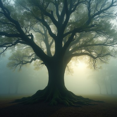 Majestic Oak Tree in Foggy Forest