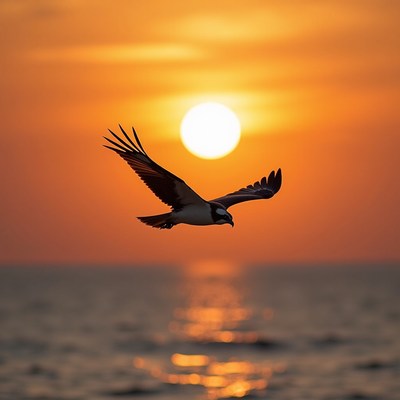 Osprey Flying Over Sunset Ocean