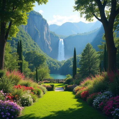 Waterfall over Lush Garden Path