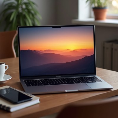 Laptop displaying mountain sunset on desk