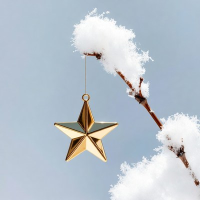 Golden Star Ornament on Snowy Branch