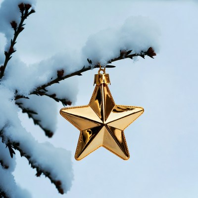 Gold Star Ornament on Snowy Branch