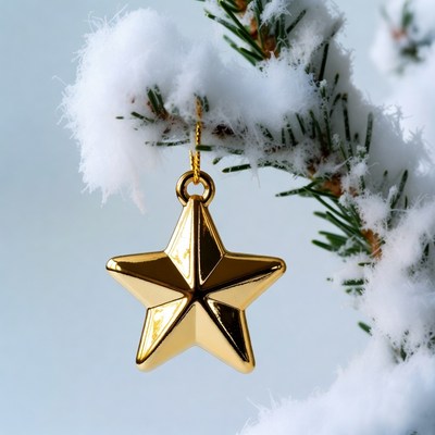 Gold Star Ornament on Snowy Christmas Branch