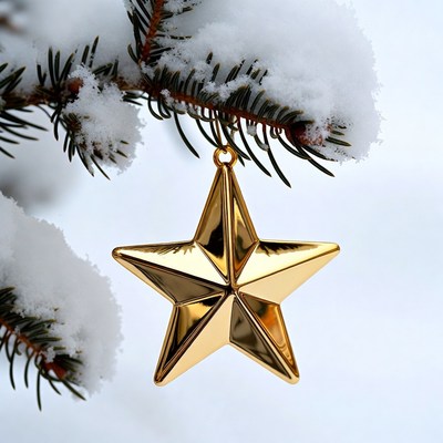 Gold Star Ornament on Snowy Pine Branch