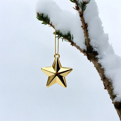 Golden star ornament on snowy branch