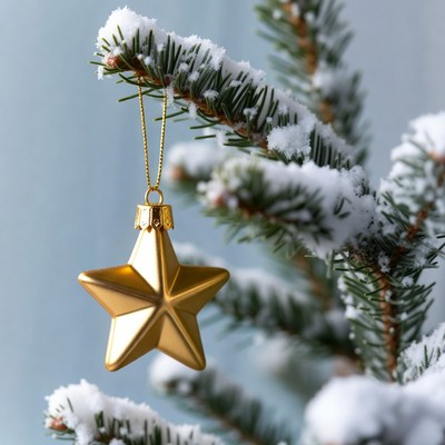 Gold Star Ornament on Snowy Christmas Tree
