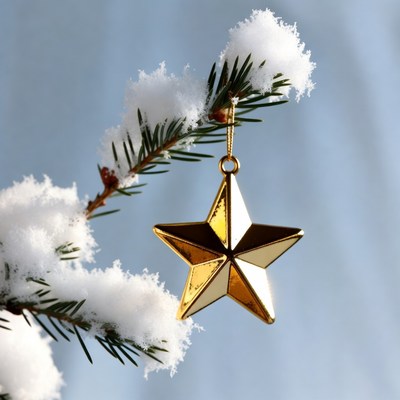 Gold Star Ornament on Snowy Pine Branch