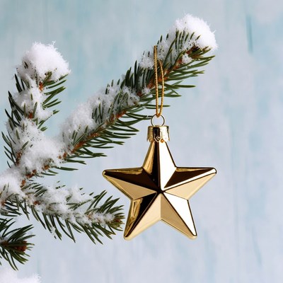 Golden star ornament on snowy fir branch